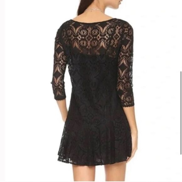 Free People Walking to the Sun Black Lace Mini Dress 0 Ruffle Sheer Tunic Top - Picture 3 of 16